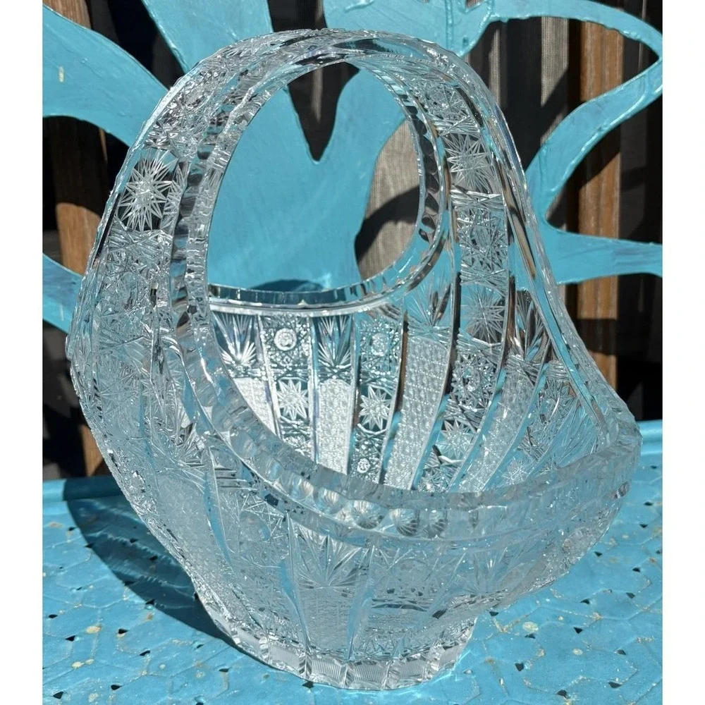 RARE SKLARNY BOHEMIA N.P. QUEEN LACE HAND CUT LEAD CRYSTAL BASKET 13